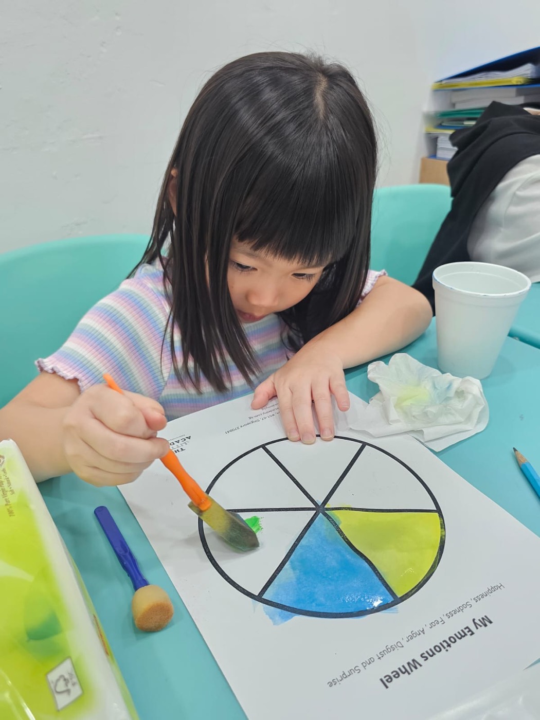 Student painting an Emotions Wheel activity