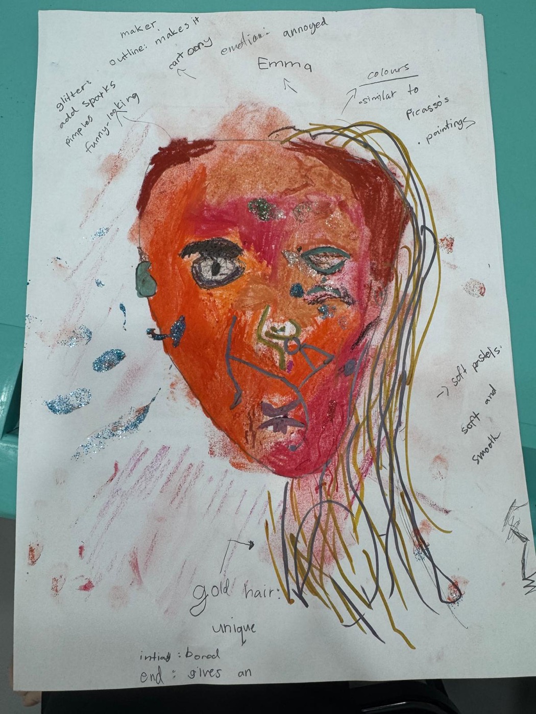 Student's response-art self-portrait created during a creative writing lesson